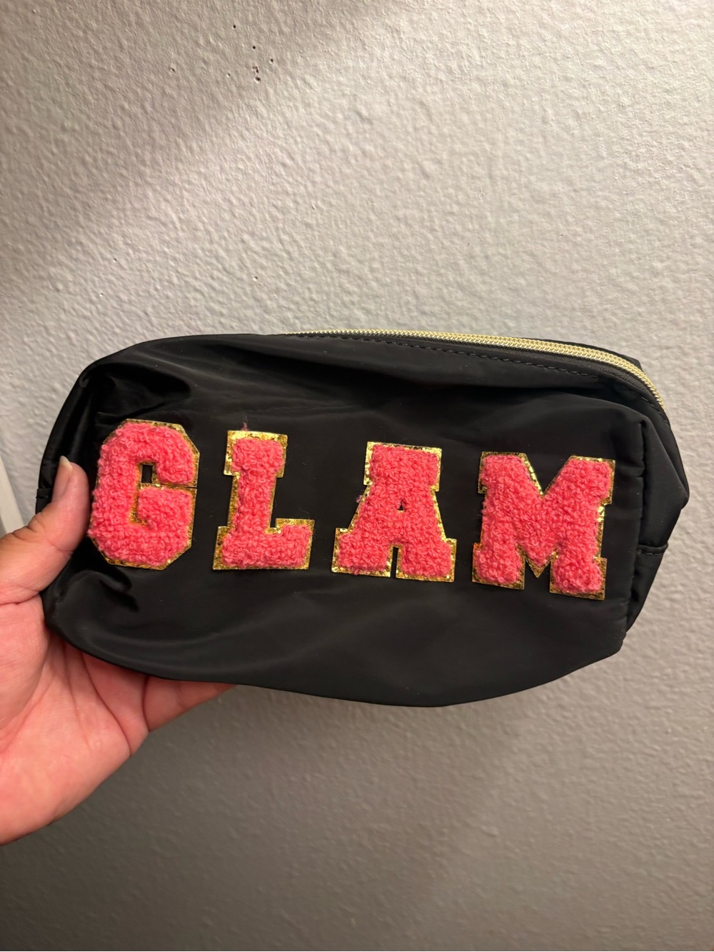 Black 'Glam' Cosmetic Pouch with Pink Chenille Letters